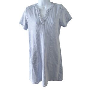 Isaac Mizrahi Live White Blue Stripe V Neck Short Sleeve Pockets Knit Dress XS